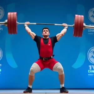 Тяжелоатлет поднимает штангу над головой во время соревнований