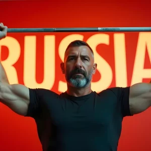 Тяжелоатлет поднял штангу на красном фоне