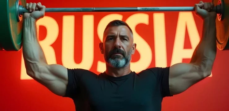 Тяжелоатлет поднял штангу на красном фоне